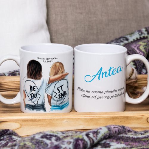 Two white mugs, pair of cups on a wooden tray, the Mockup. Cozy home, wooden background, cotton and wool decorations, winter gifts.